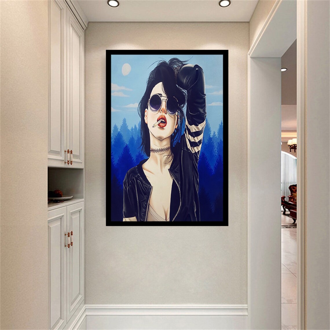 Woman In Sunglasses Smoking Stylized Illustration Blue Forest Moon Poster - Image 2
