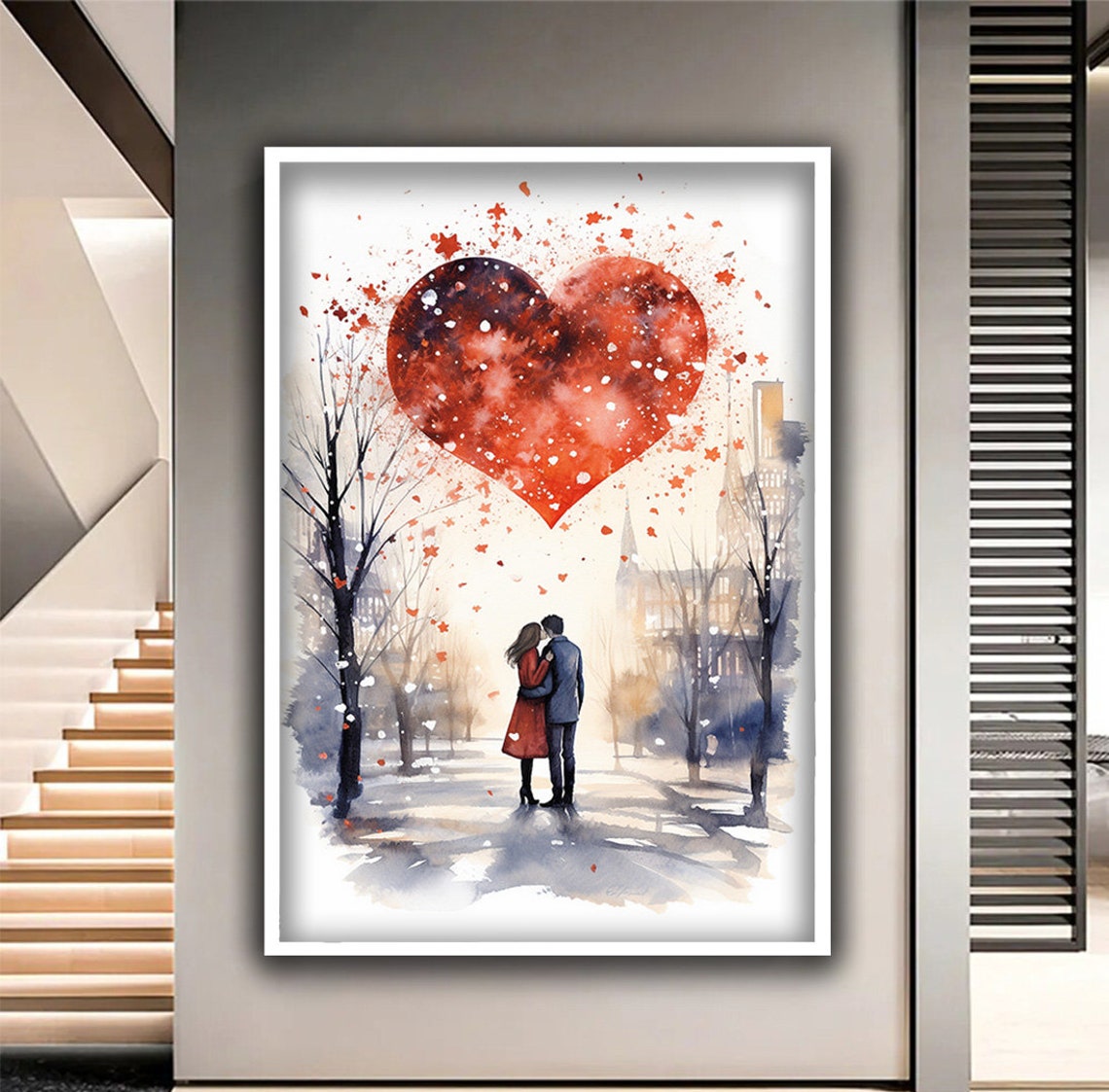 Romantic Couple Big Red Heart Watercolor Valentine Love Wall Poster - Image 2