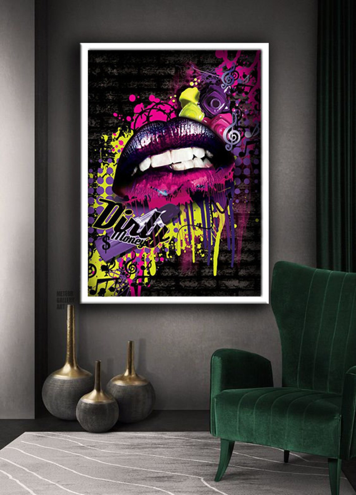 Dirty Money Graffiti Lips Neon Music Notes Pop Urban Street Art Poster - Image 3