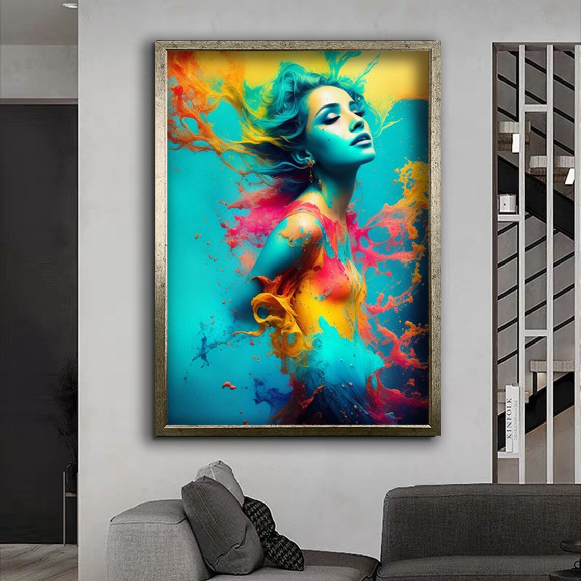 Woman Dissolving Colorful Paint Splash Explosion Vibrant Abstract Portrait Poster - Image 4