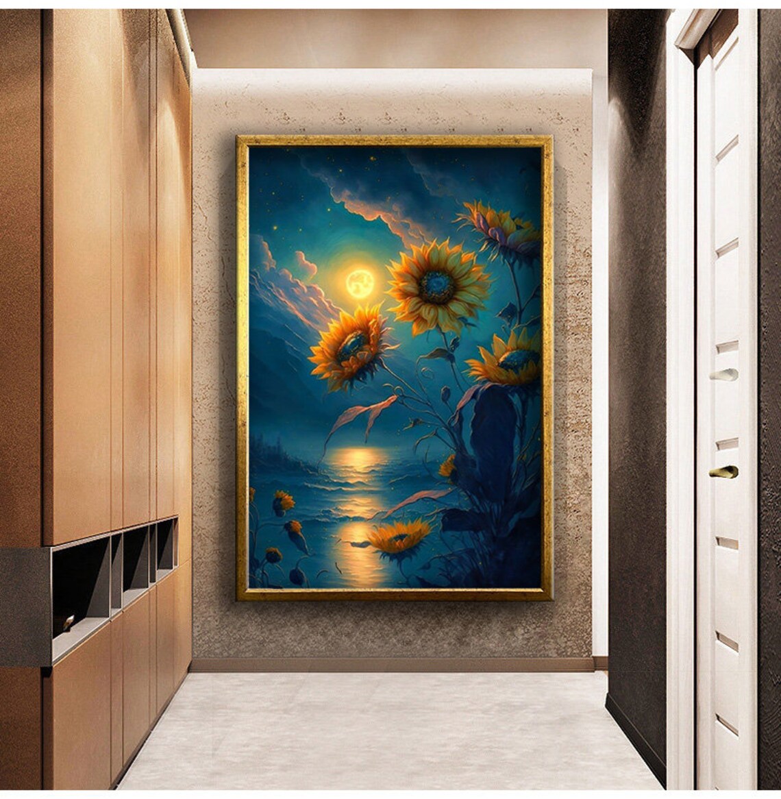 Sunflowers Under Full Moon Night Blue Gold Fantasy Floral Dream Poster