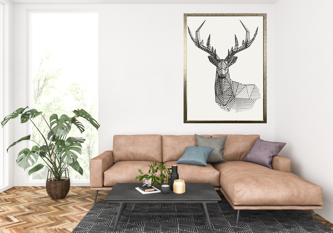 Geometric Stag Head Striped Line Art Minimalist Black White Deer Poster - Image 2