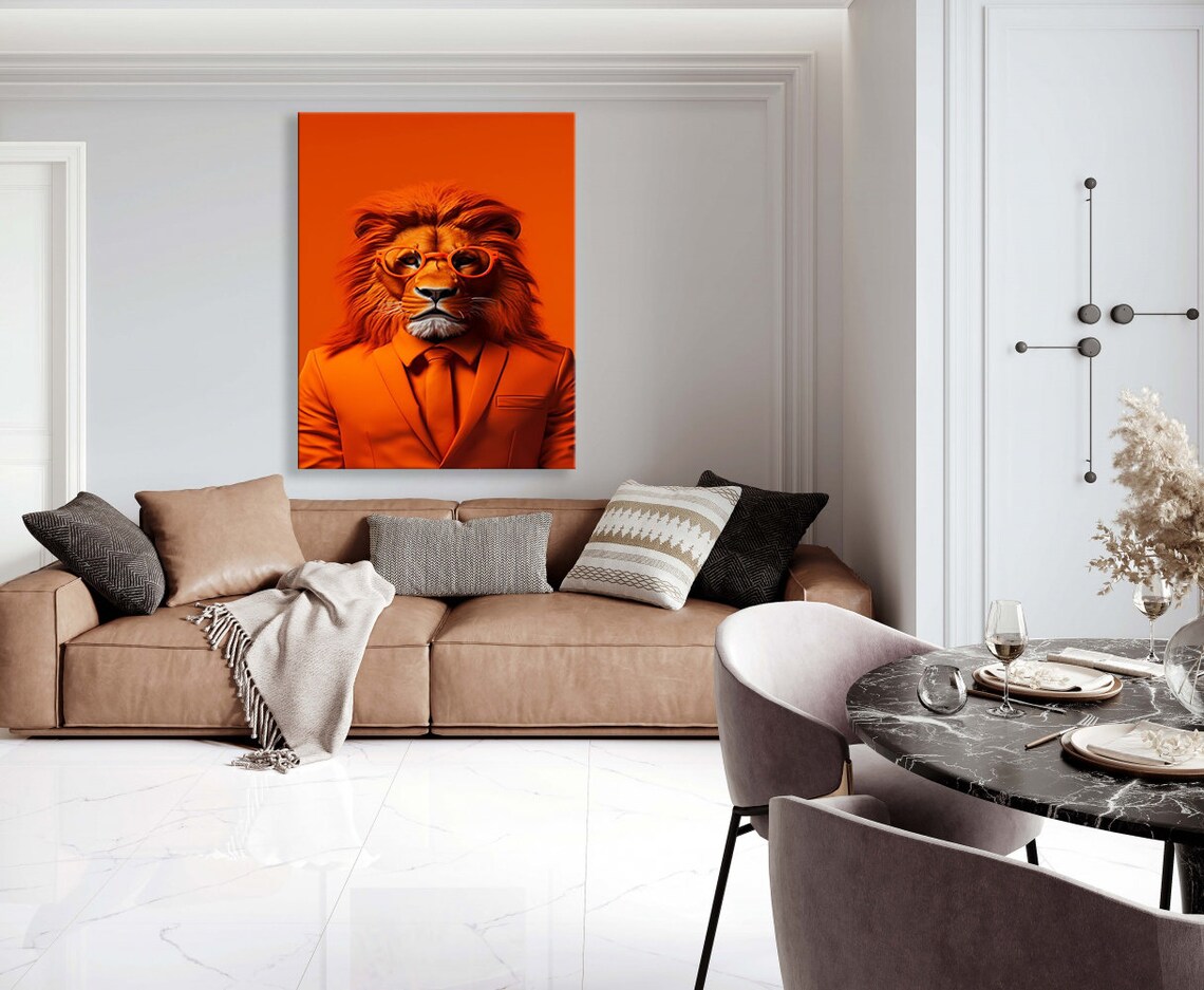 Lion in Orange Suit Glasses Painting Funny Animal Portrait Pop Wall Poster - Image 4