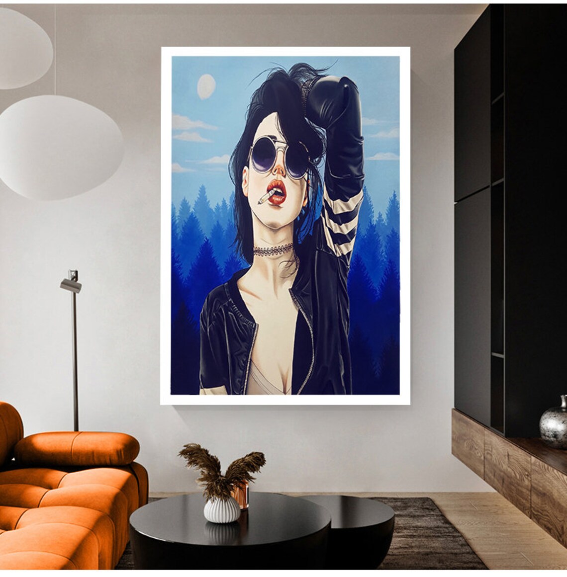 Woman In Sunglasses Smoking Stylized Illustration Blue Forest Moon Poster - Image 4