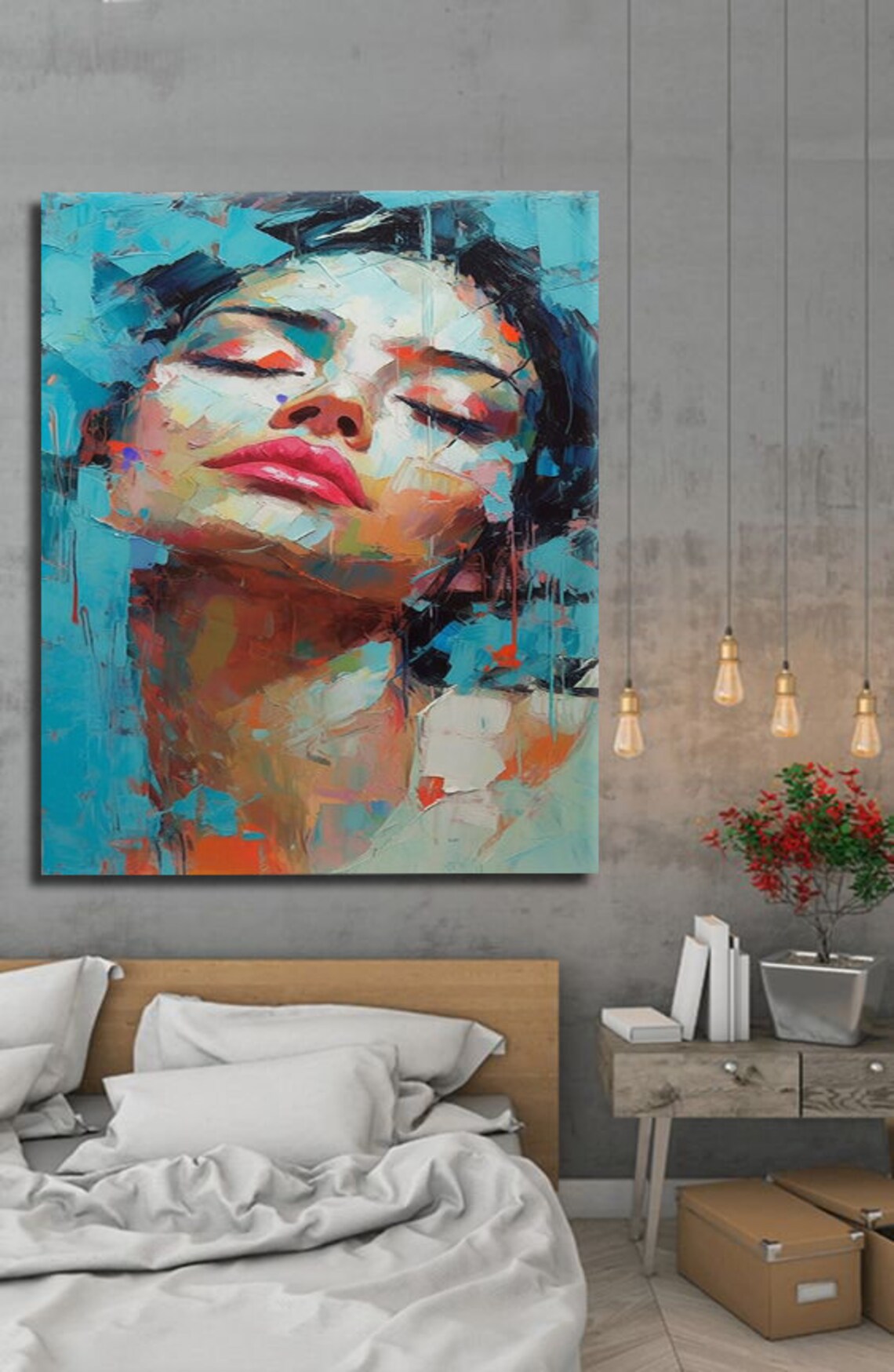 Impressionist Woman Face Eyes Closed Turquoise Palette Knife Painting Art Print - Image 3