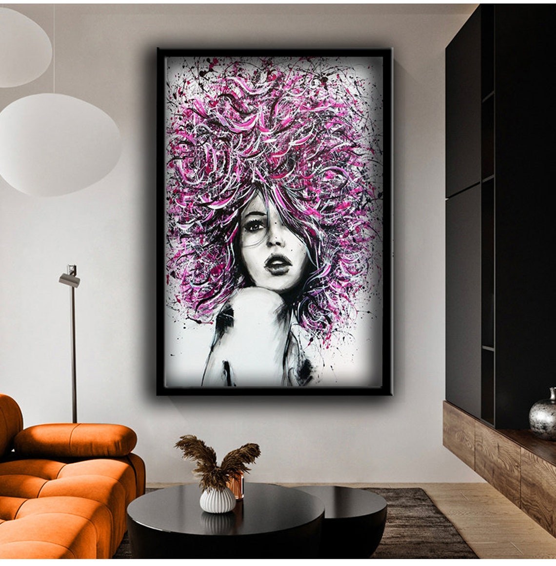 Woman Pink Afro Paint Splash Black White Abstract Portrait Poster - Image 2