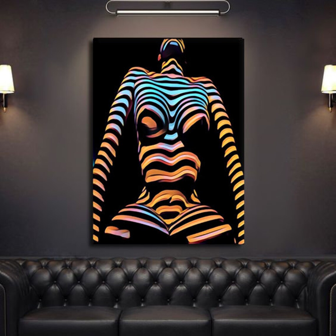 Woman Silhouette Neon Rainbow Stripes Op Art Modern Body Print - Image 2
