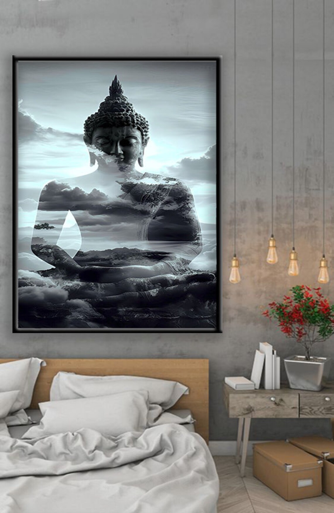 Black White Buddha Double Exposure Clouds Mountain Landscape Zen Poster - Image 4