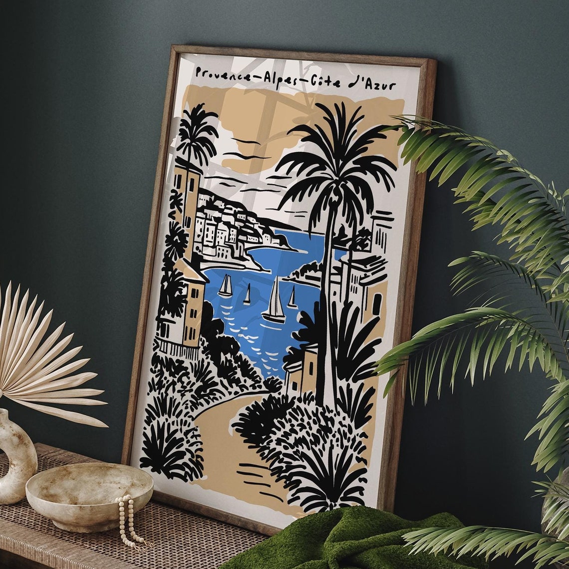 Provence Côte d'Azur Coastal Poster with Sailboats and Palms