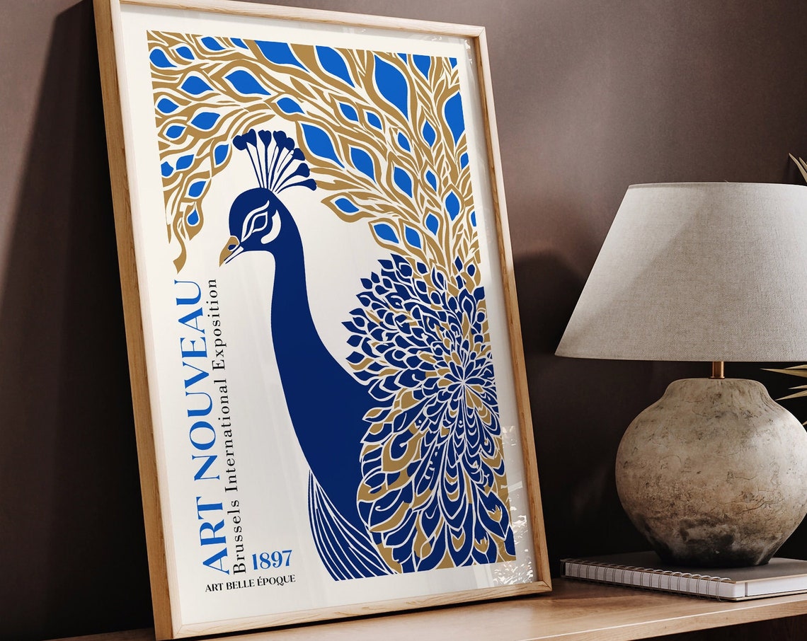 1897 Art Nouveau Blue Gold Peacock Brussels Exposition Poster - Image 5