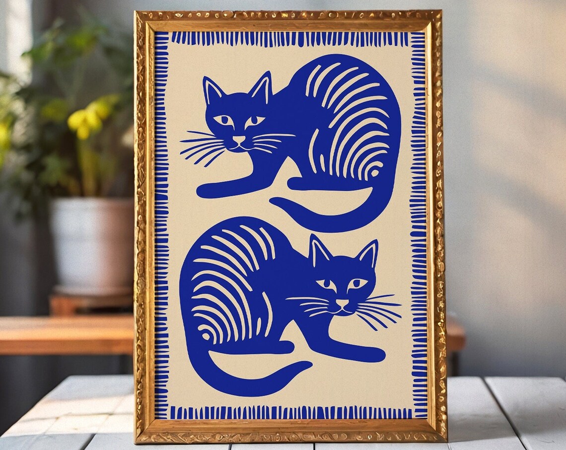 Blue Indigo Twin Cats Decorative Striped Border Folk Art Print