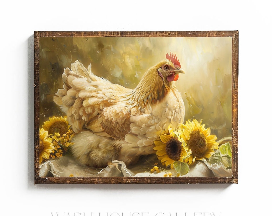 Fluffy Buff Hen Nestled Among Bright Sunflowers Cottagecore Poster