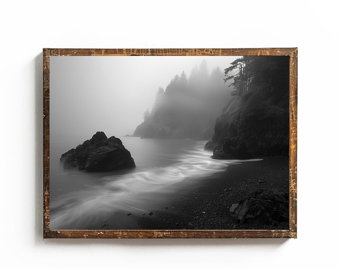 Foggy Black And White Rocky Coastline Moody Ocean Art Poster