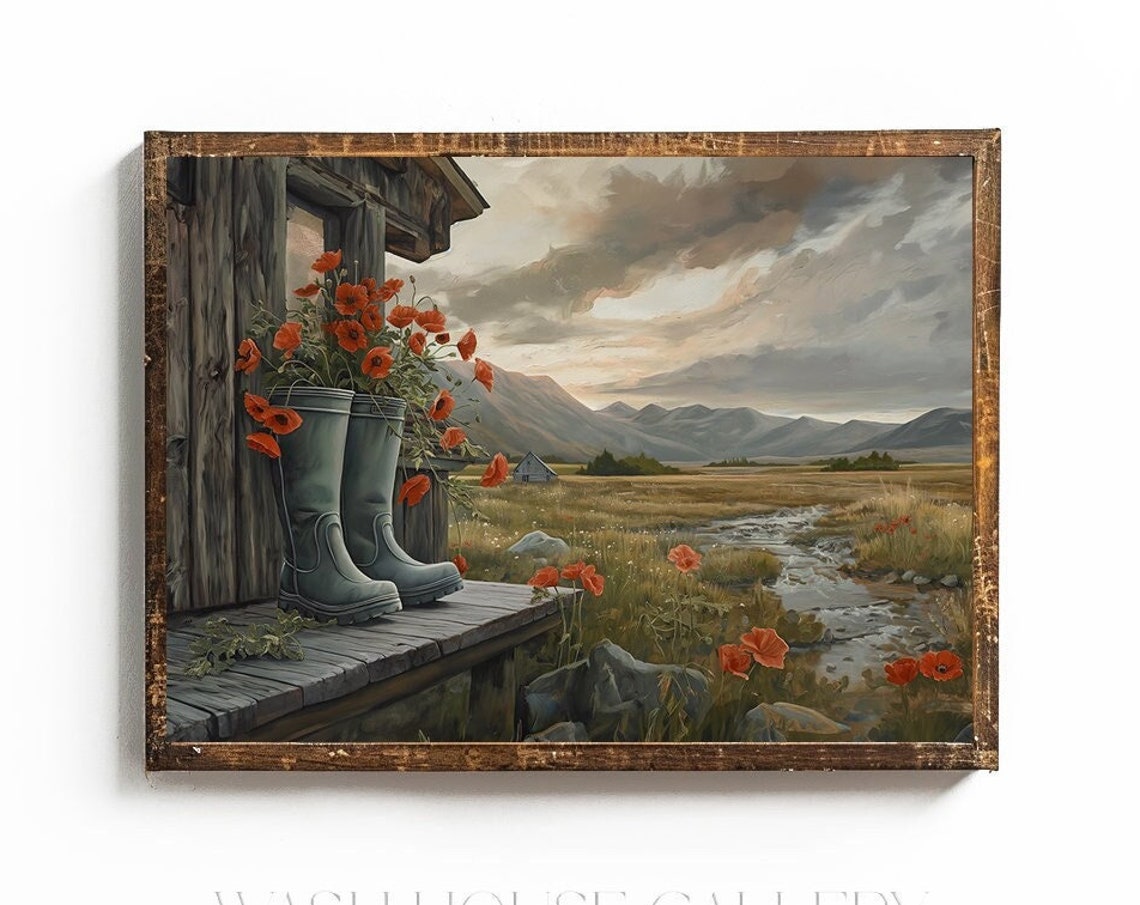Rain Boots Full of Red Poppies on Cabin Porch Mountain Poster
