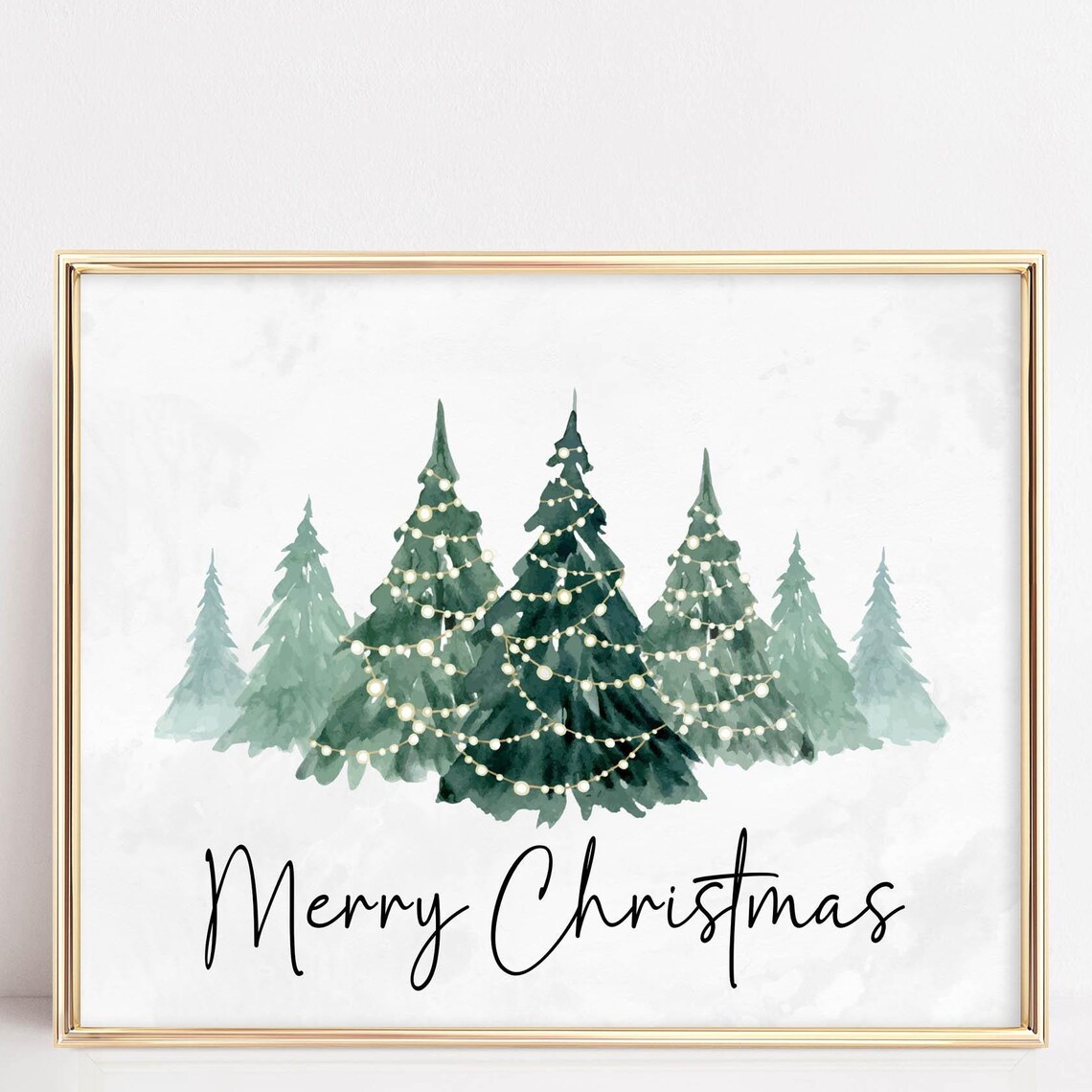 Merry Christmas Watercolor Trees String Lights Holiday Wall Poster