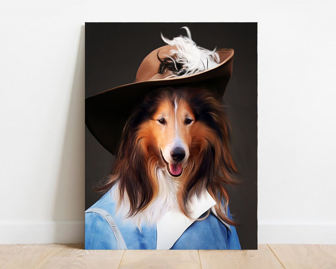 Custom Collie Musketeer Royal Portrait Dog Feathered Hat Art Poster