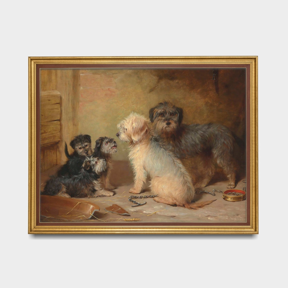 Antique Four Terrier Dogs in a Stable with Broken Bowl Poster - Image 3