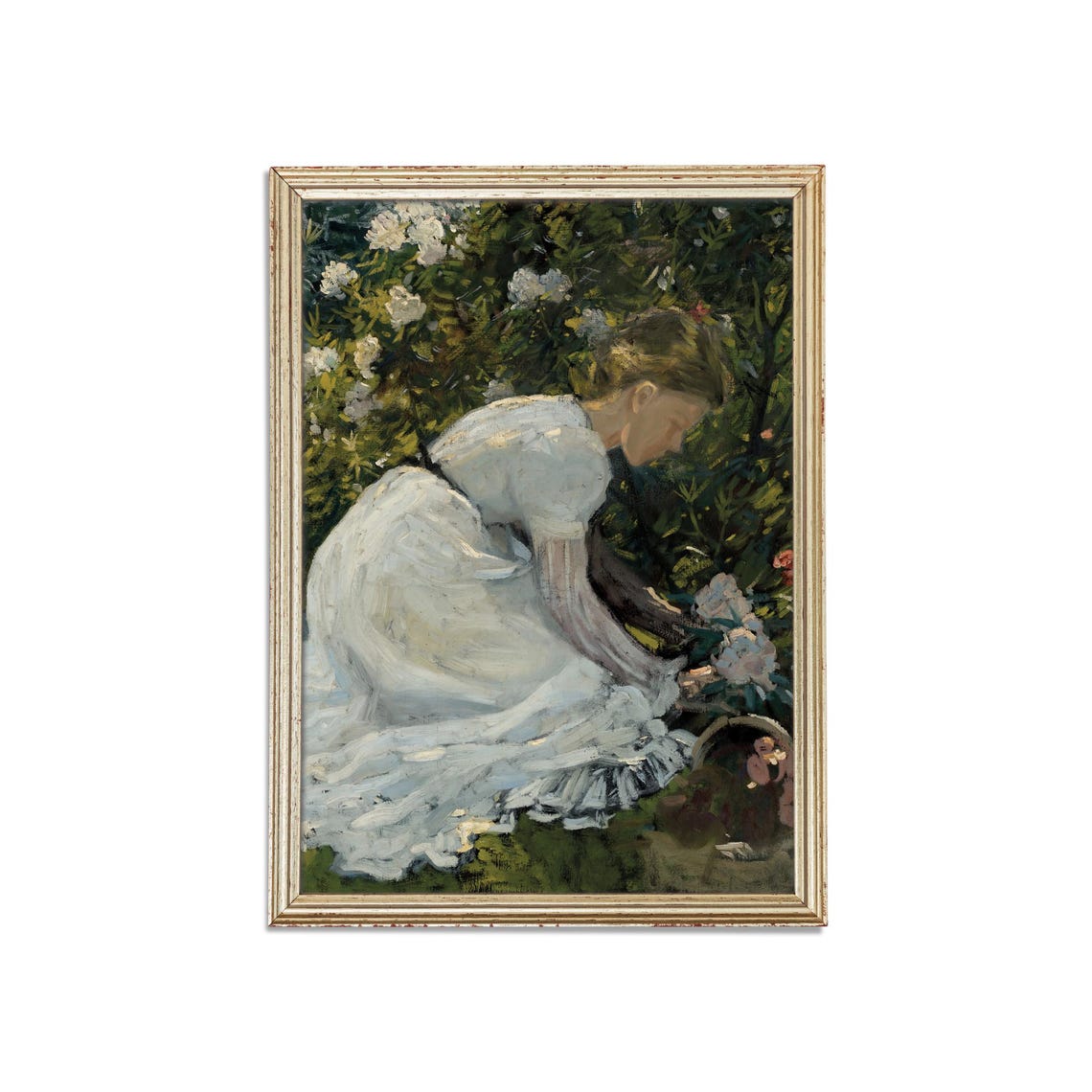 Printed And Shipped Vintage Girl Portrait Young Girl With Flowers Antique Portrait Painting Rustic Prints Girl Gathering Flowers - Image 3