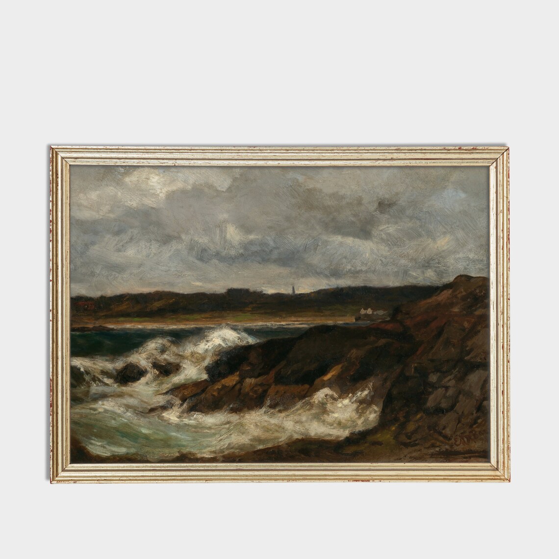 Storm Waves Crashing on Rocky Coast Moody Seascape Painting Poster - Image 3