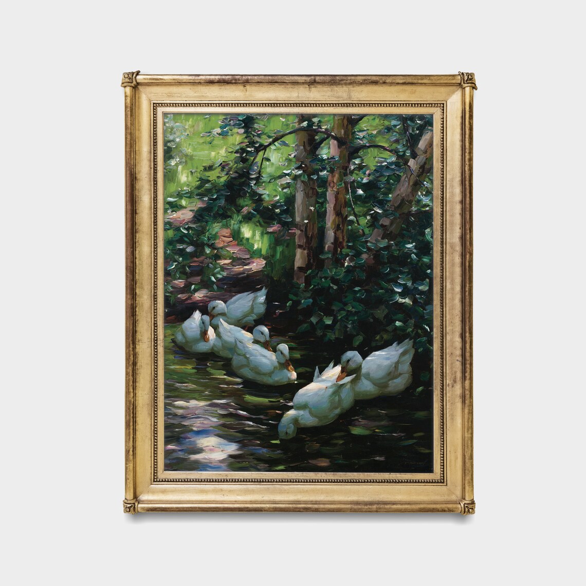 Six White Ducks Swimming in a Shady Woodland Pond Vintage Poster - Image 3