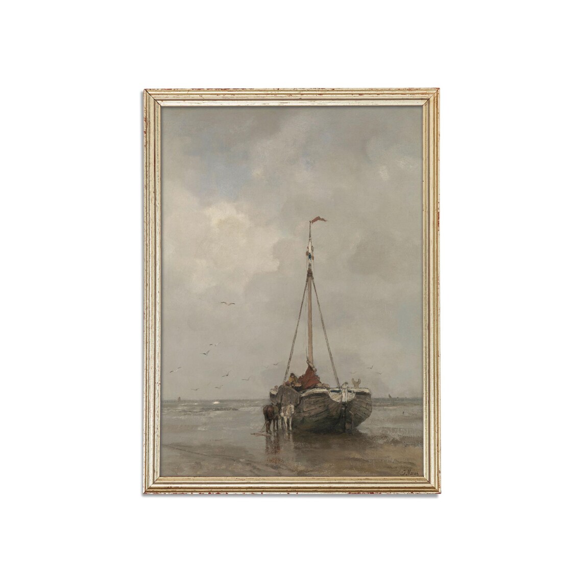 Fishing Boat Anchored on a Misty Beach at Low Tide Seascape Poster - Image 3