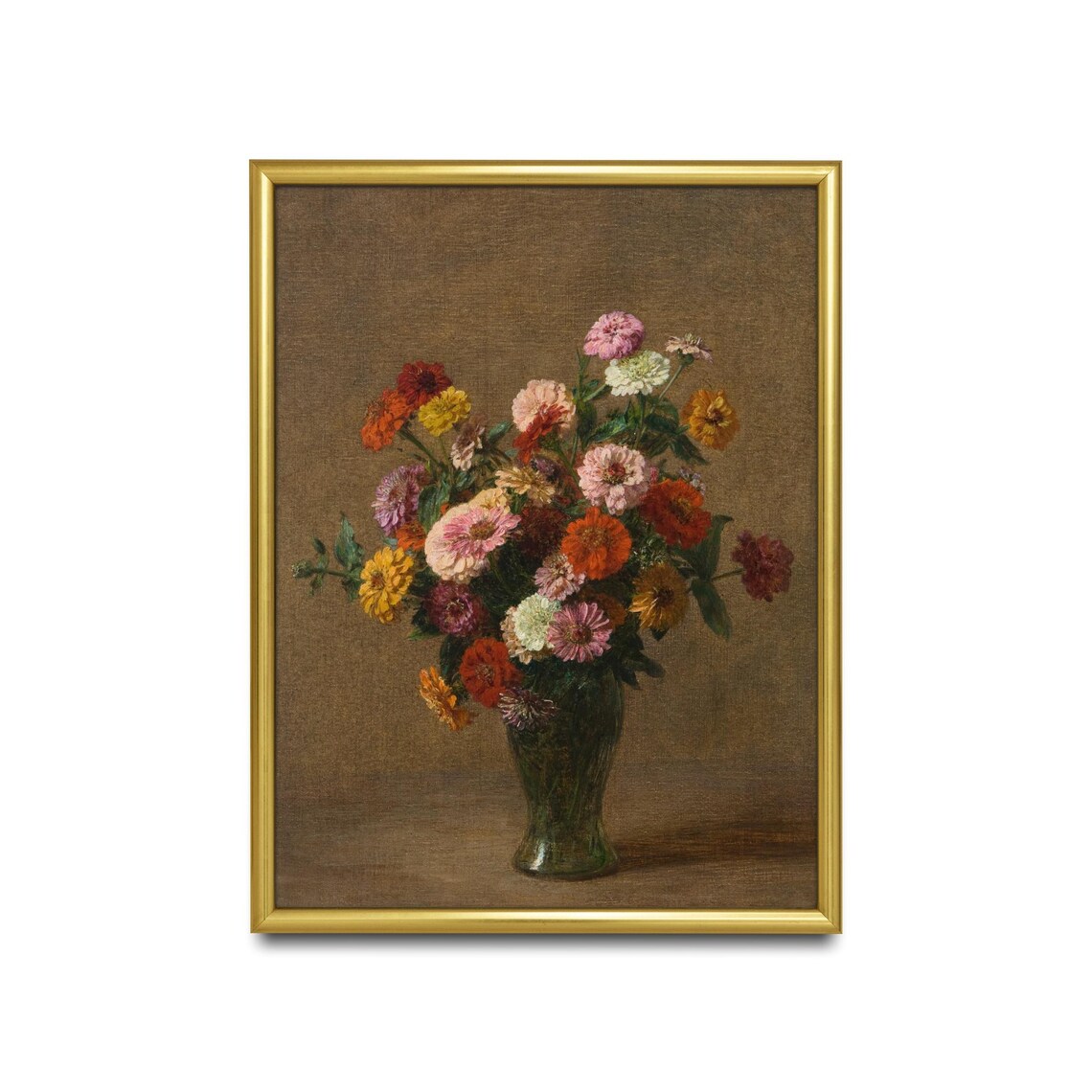 Colorful Zinnias Bouquet Green Vase Realistic Floral Art Poster - Image 2