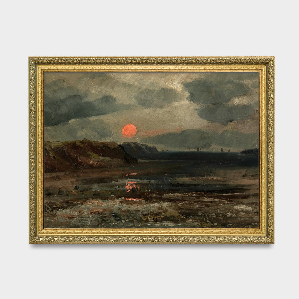Red Sun Setting Over a Dark Sea Vintage Moody Seascape Painting Poster - Image 3