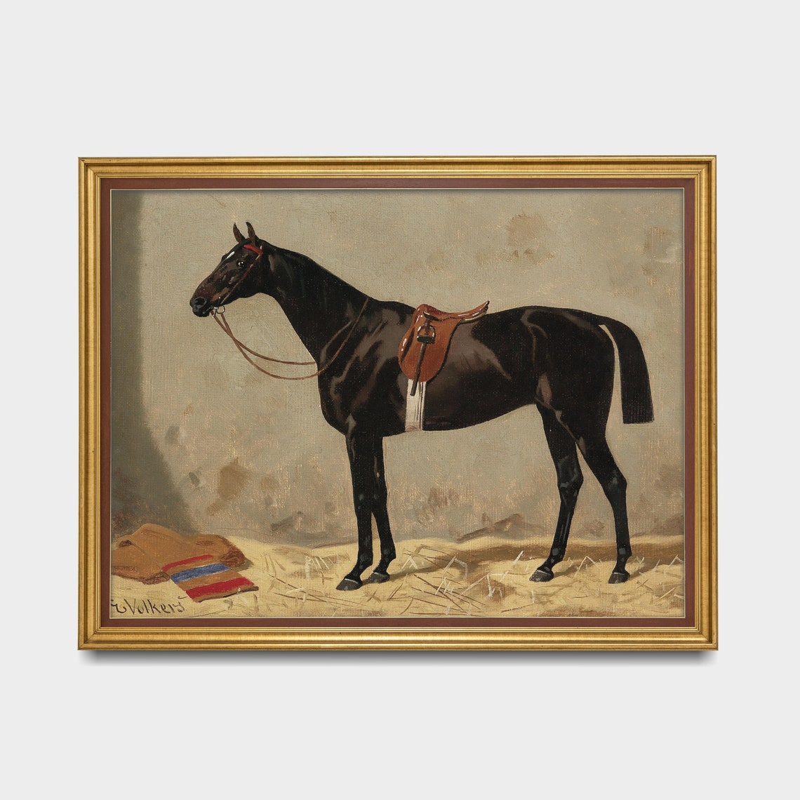 Black Saddled Horse Stable Straw Emil Volkers Vintage Poster - Image 3