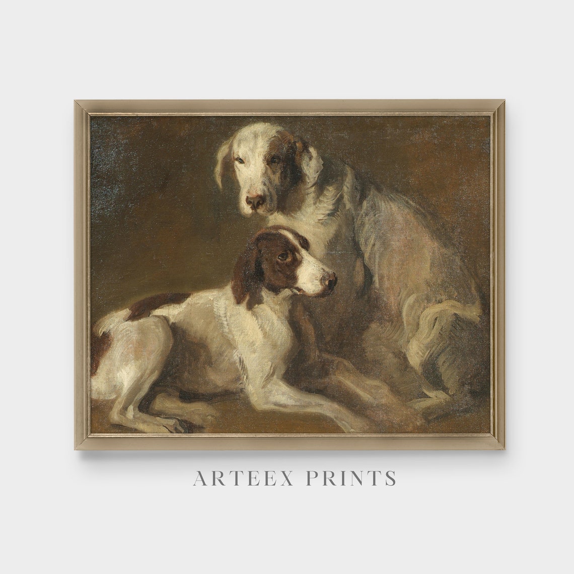 Two Pointer Dogs Resting in a Moody Interior Antique Oil Poster - Image 5