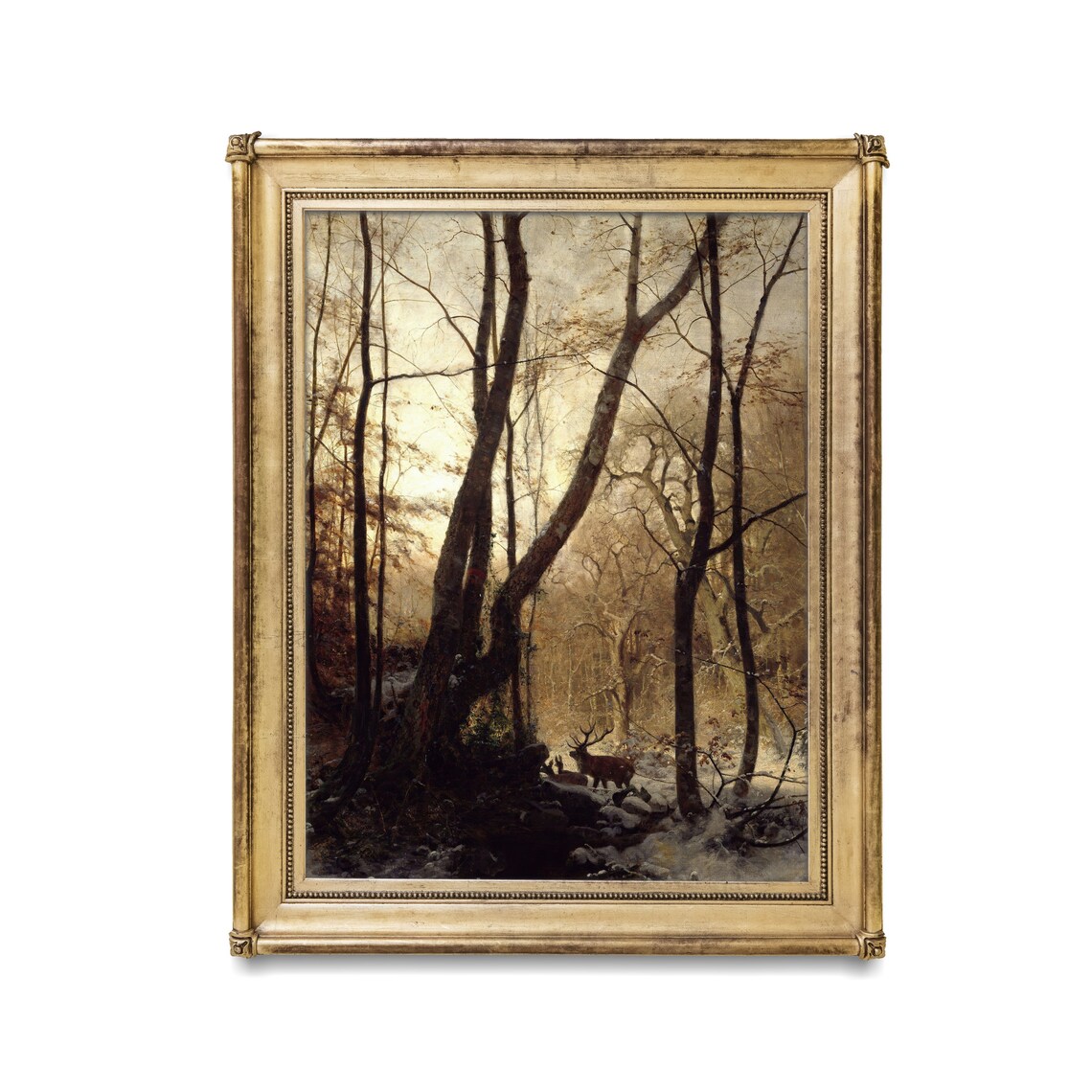 Stag in a Snowy Forest at First Light Moody Woodland Wildlife Poster - Image 2