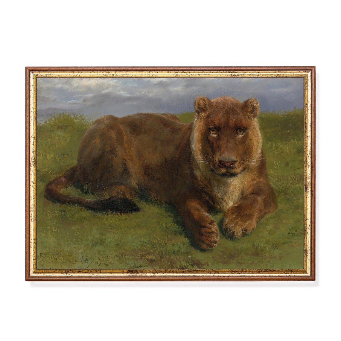 Lioness at Rest in Tall Grass Signed Rosa Bonheur Wildlife Poster