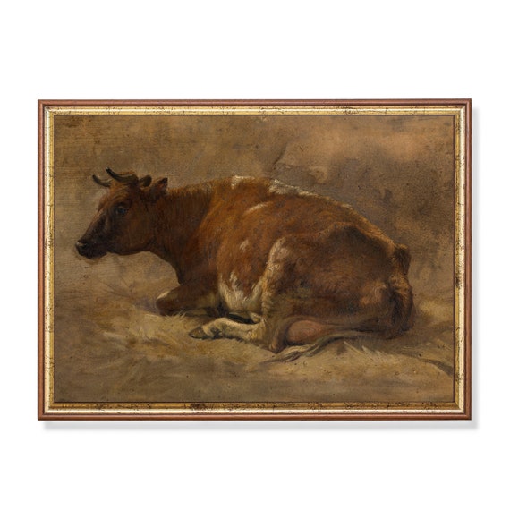 Printed And Shipped Vintage Cow Painting Antique Animal Print Farmhouse Decor Moody Rustic Cattle Art Fine Art Physical Prints