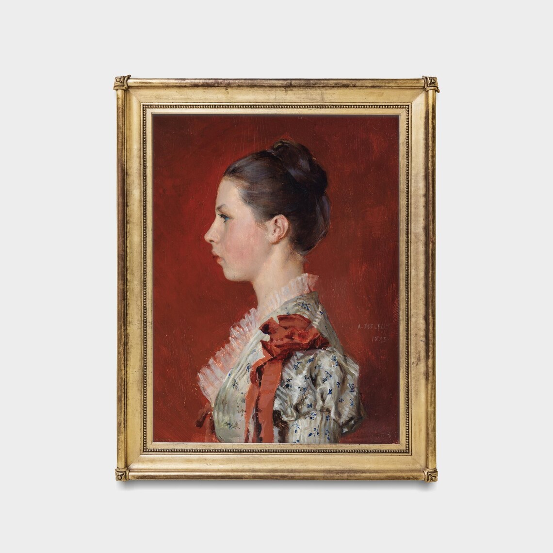 Elegant Victorian Woman Profile Portrait On Red Background Oil Poster - Image 5
