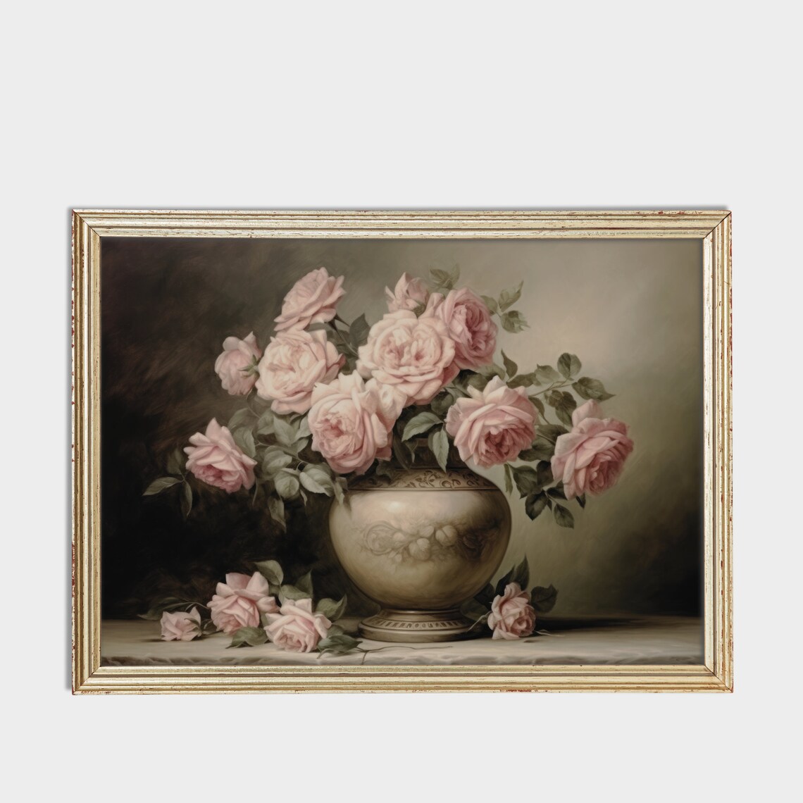 Blush Pink Roses In A Stone Vase Moody Floral Still Life Poster - Image 3