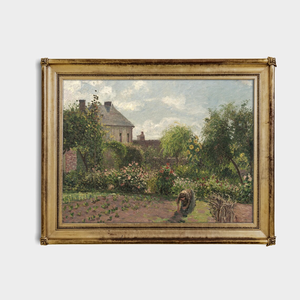 Cottage Garden with Gardener Antique Summer Oil Painting Poster - Image 4