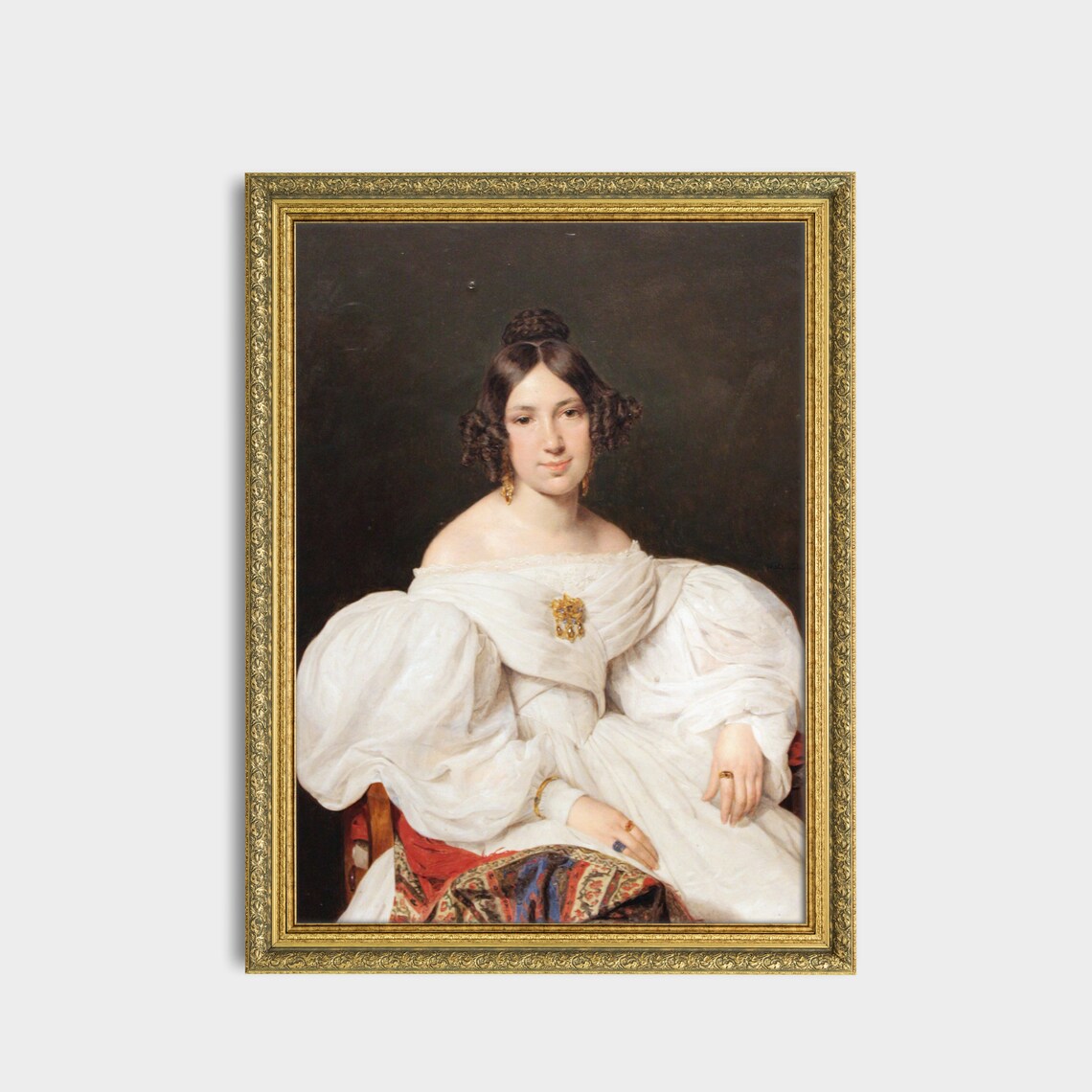 Lady in a White Off Shoulder Dress with Brooch Portrait Poster - Image 2