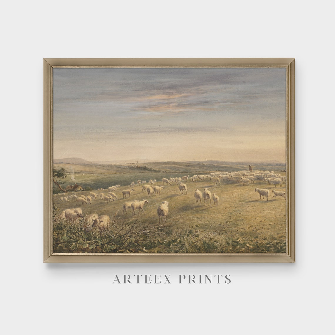 Sheep Flock Grazing on Hillside with Shepherds Vintage Pastoral Poster - Image 3
