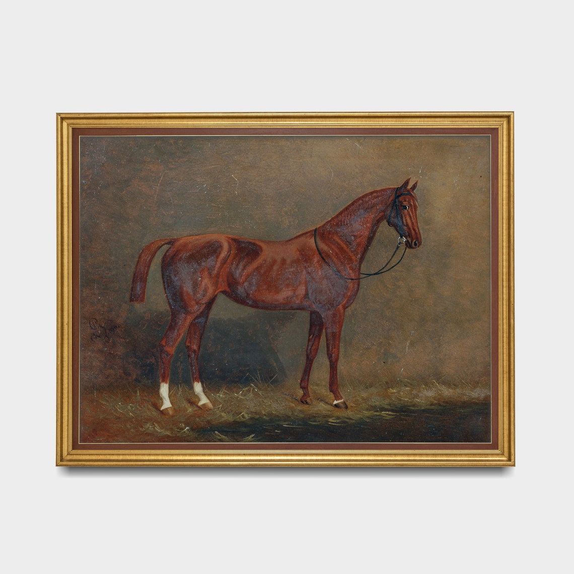 Chestnut Horse Standing in a Dark Stable Interior Vintage Poster - Image 3