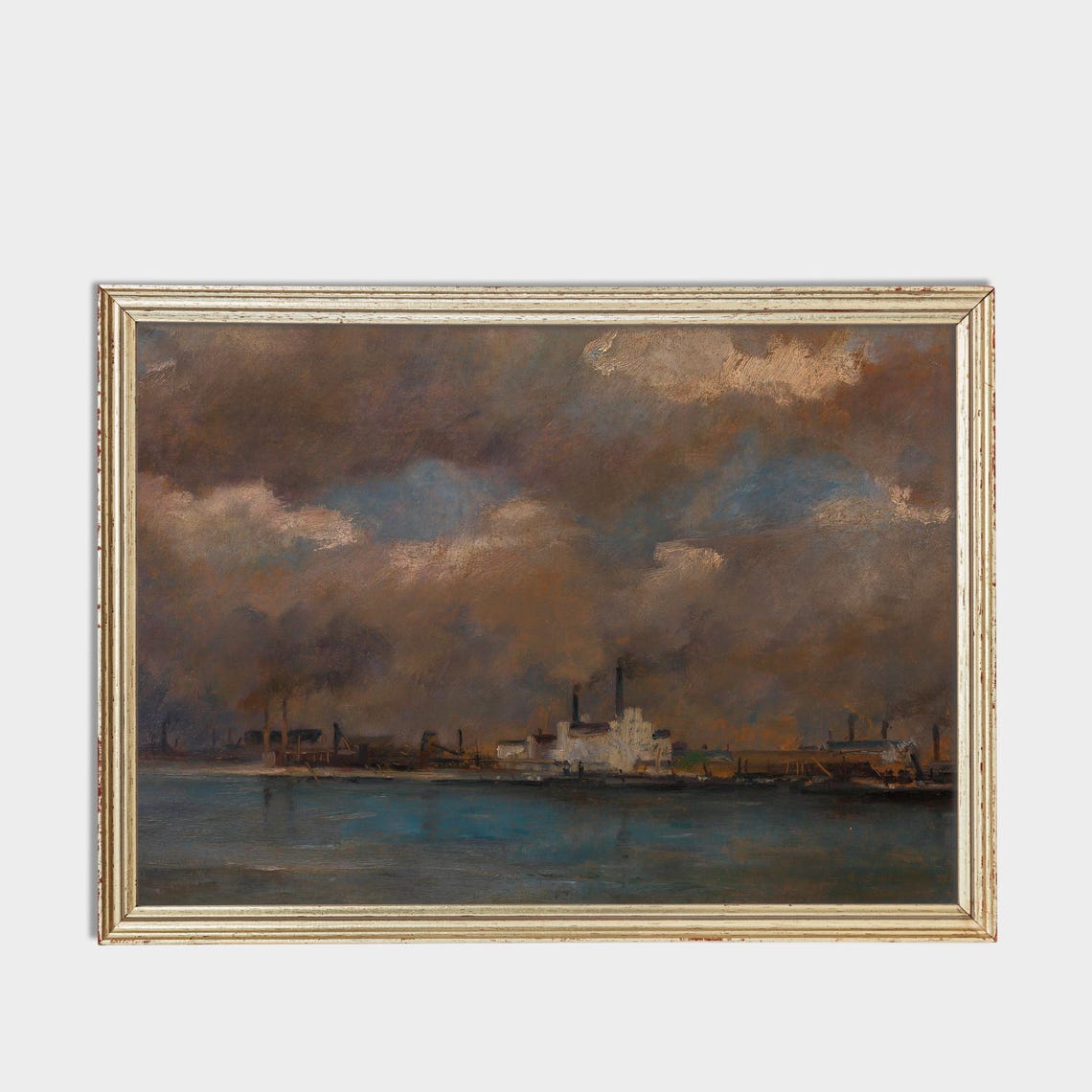 Antique Industrial Harbor Under Heavy Storm Clouds Painting Poster - Image 3