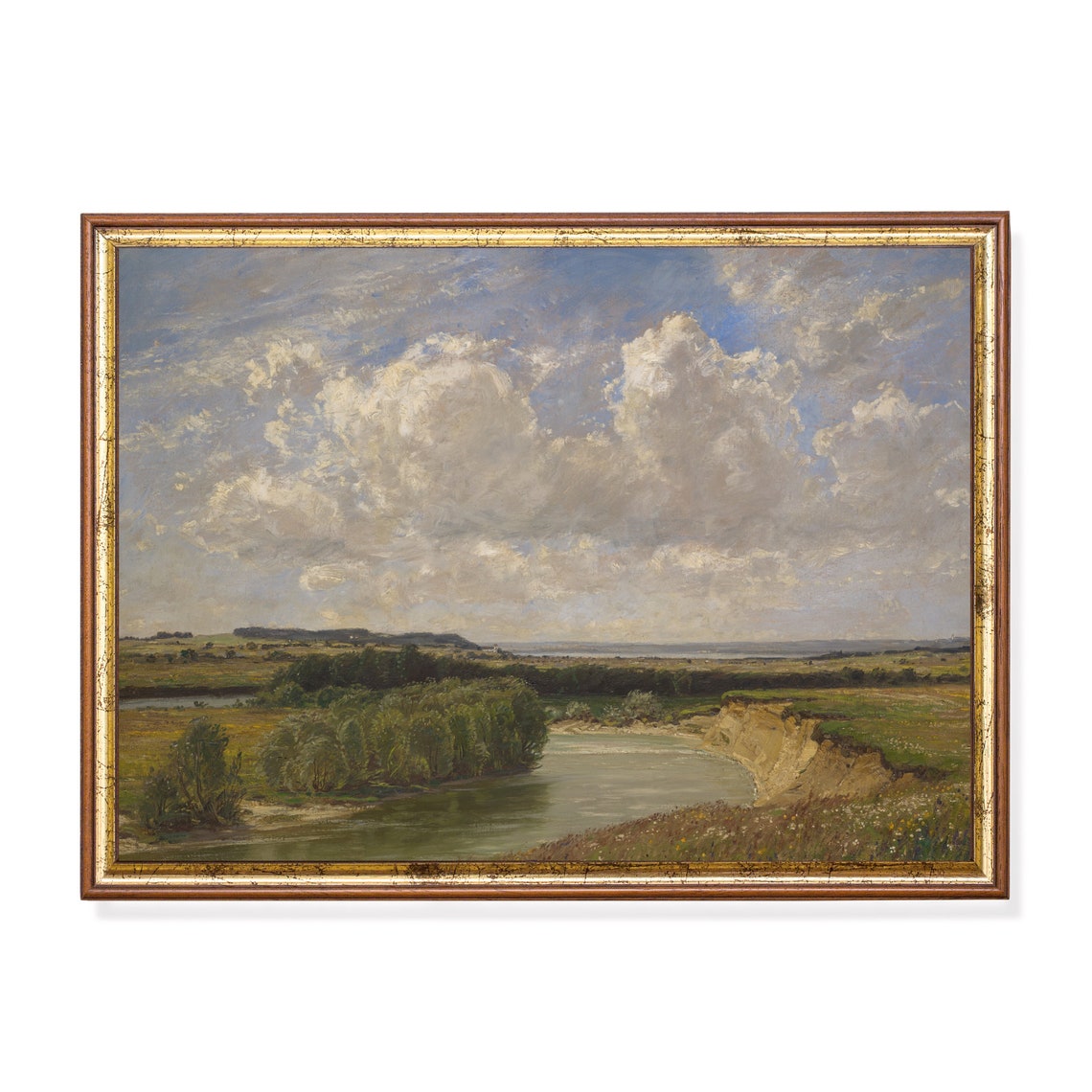 Wide River Valley Under Towering Clouds Pastoral Landscape Poster