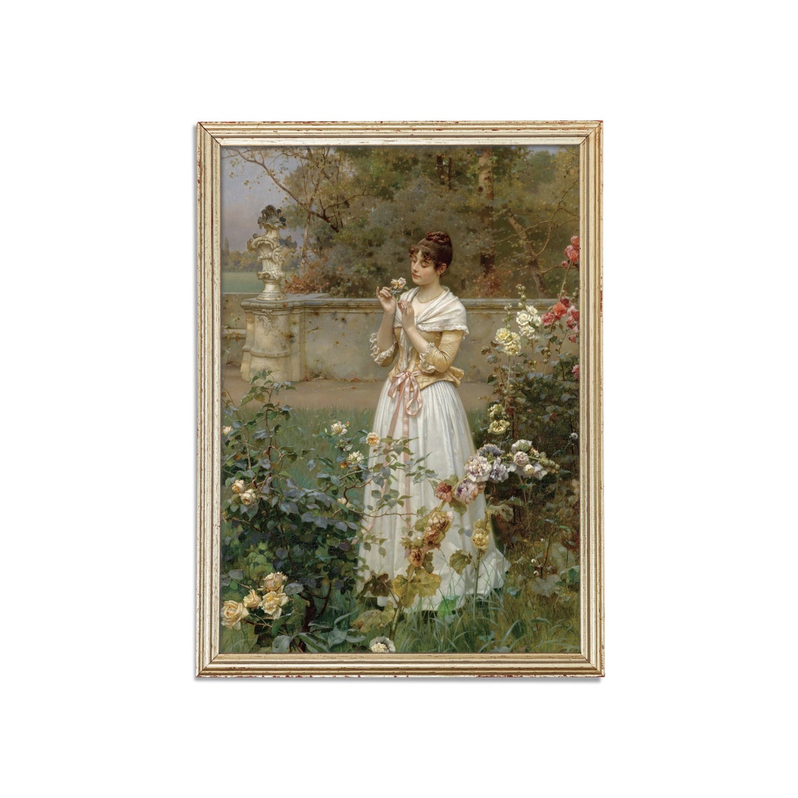 Victorian Lady in White Dress Picking a Rose in the Garden Poster - Image 3