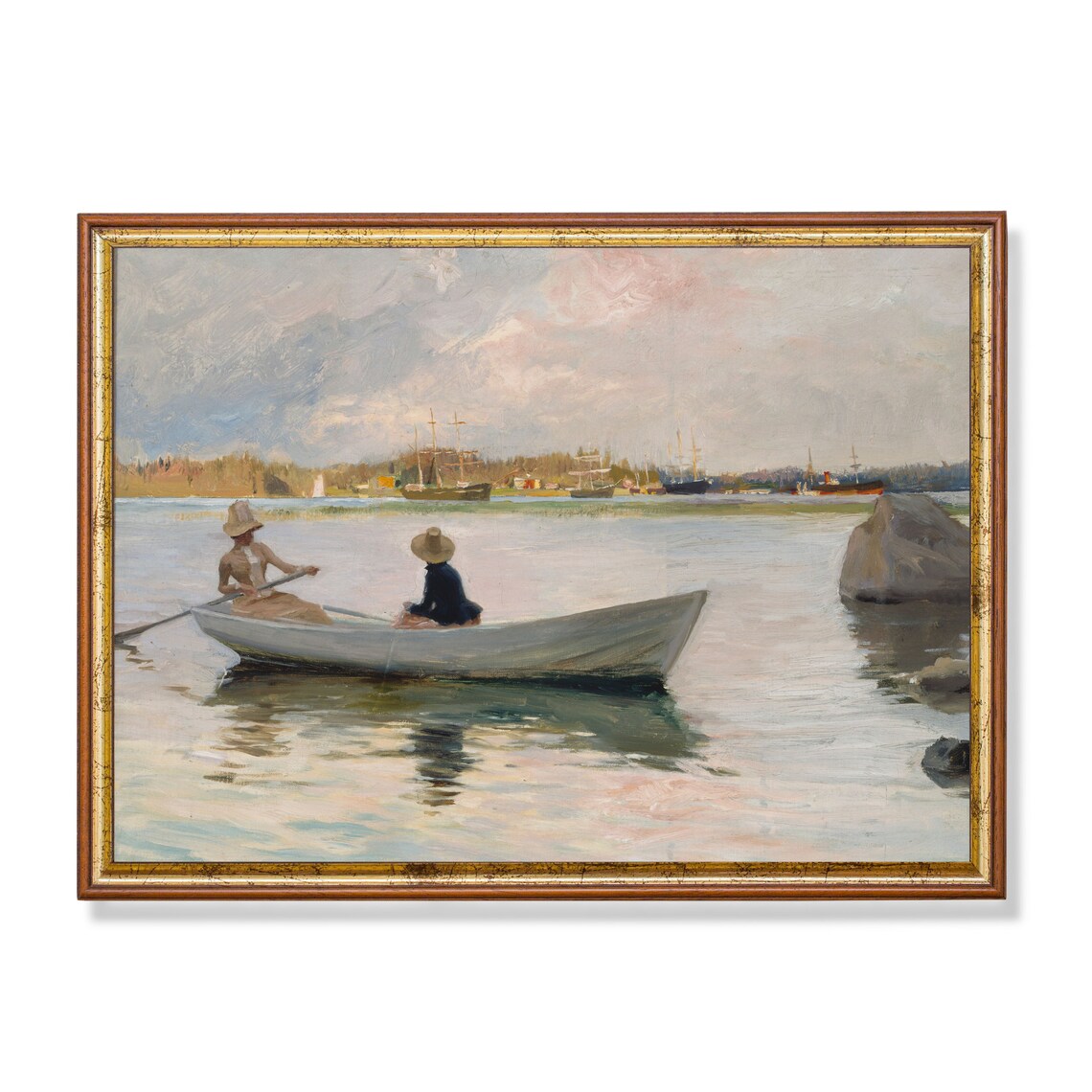 Two Women Rowing Boat Calm Lake Tall Ships Vintage Boating Poster