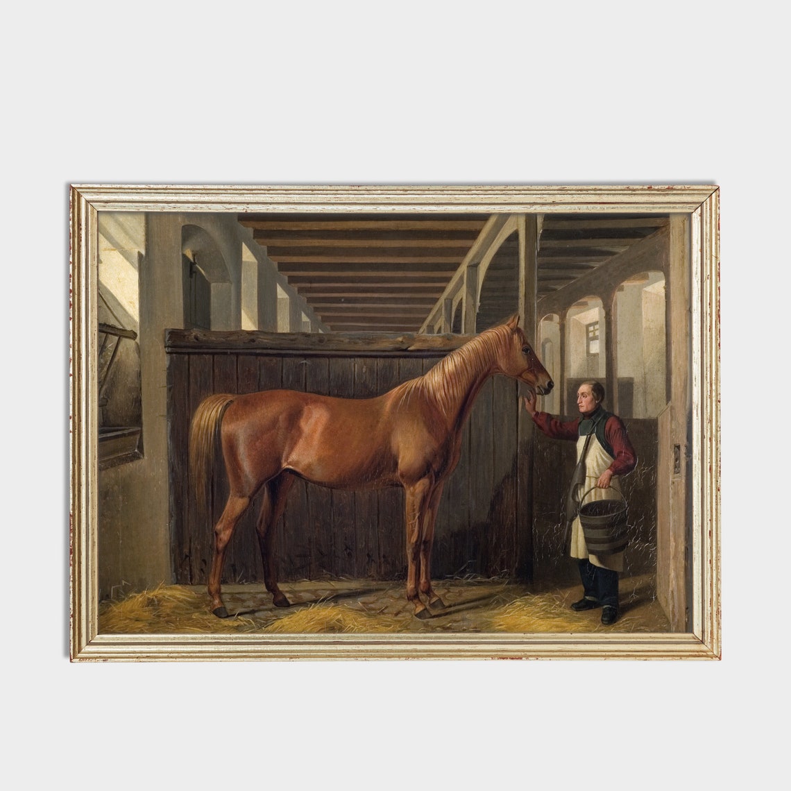 Chestnut Horse Greeted by a Groom with a Bucket Stable Poster - Image 2