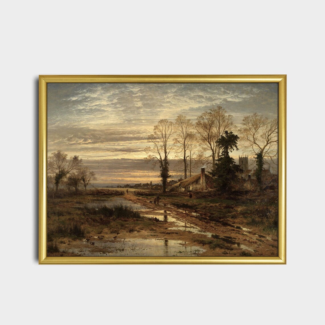 Village at Dusk with Pond and Church Tower Vintage Art Poster - Image 2