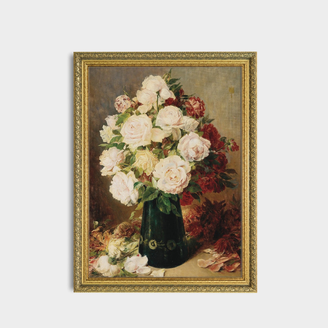 White and Red Roses in a Green Vase Floral Still Life Poster - Image 3