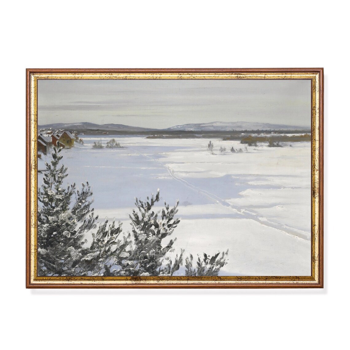 Snowy Village by Frozen Lake Winter Landscape with Pines Poster