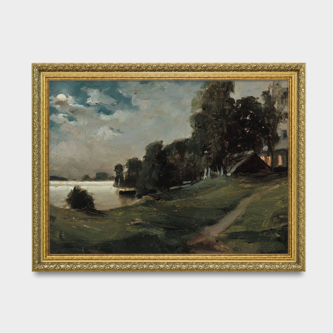 Moonlit Riverside Farmstead With Glowing Windows Moody Evening Poster - Image 3