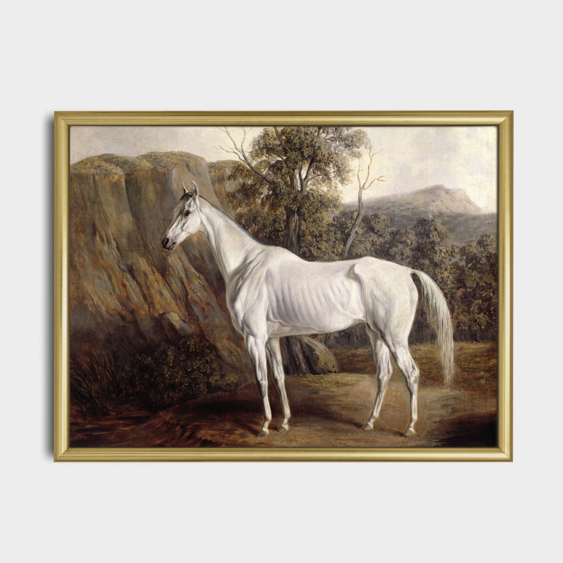 White Horse Before Rocky Cliffs Vintage Equine Landscape Oil Poster - Image 3