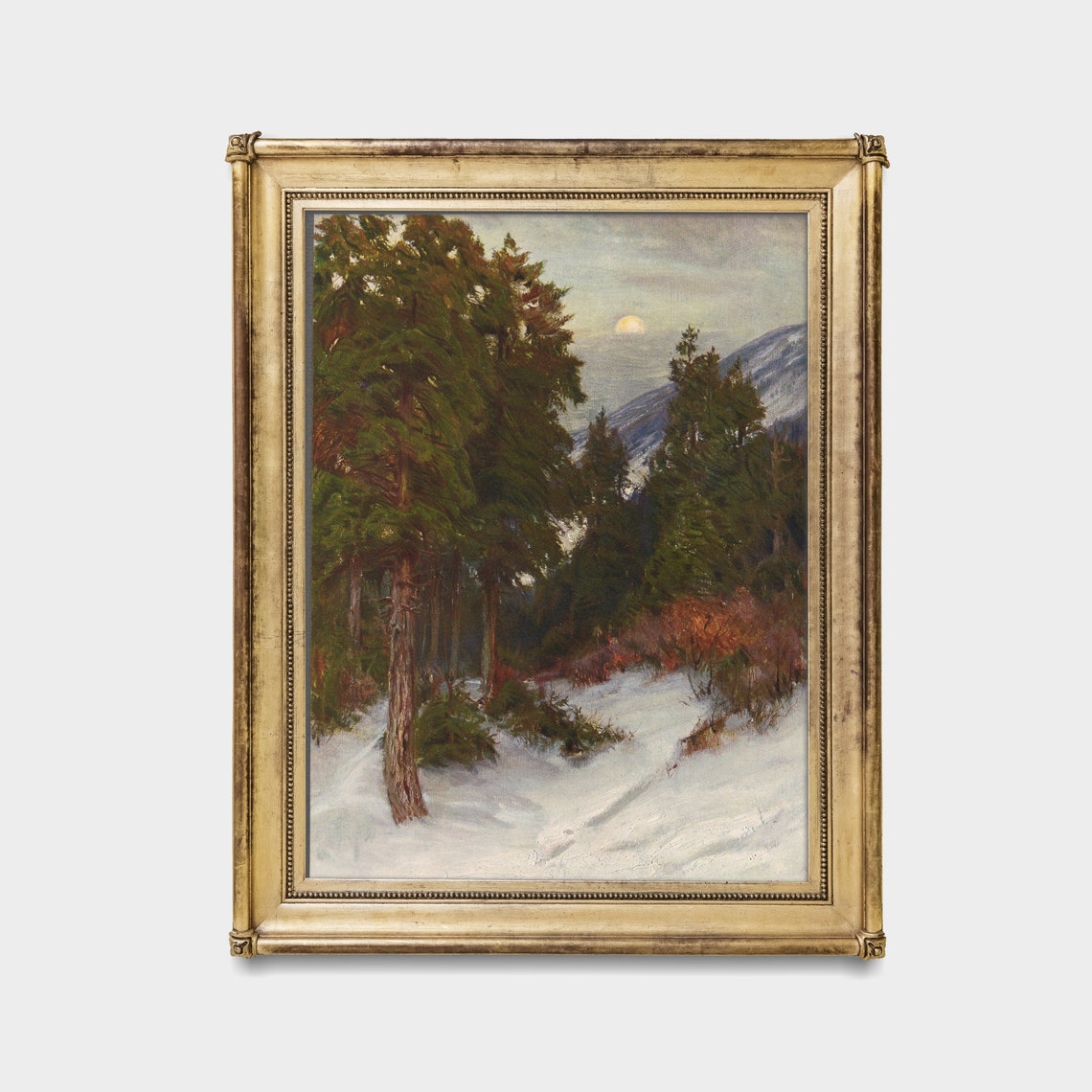 Pale Moonrise Over a Snowy Pine Forest at Blue Dusk Vintage Poster - Image 3