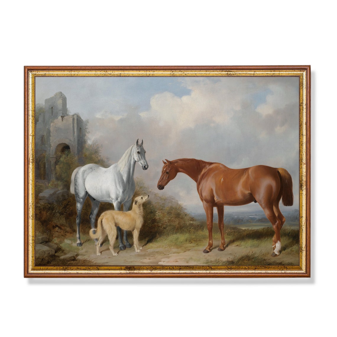 Two Horses and a Shaggy Dog Standing Before a Ruined Castle Poster